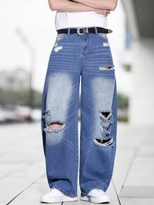Teen Boy Oversized Loose Fit Distressed Pocket Denim Jeans, All Season - Medium Wash - View 7