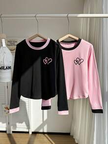 2 pezzi/set Magliette a maniche lunghe con scollo rotondo e stampa a cuori colorblock, per ragazze pre-adolescenti - Multicolore - Visualizzare 3