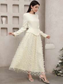 Veilorie 圆领、收腰、优雅的阿拉伯风格二合一女式连衣裙 - 杏色 - 查看 4