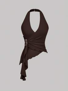 SHEIN MOD 3 món đồ thường ngày: Áo tank top ôm sát người, vạt bất đối xứng, khóa kim loại, màu trắng, kiểu yếm, áo trắng thanh lịch dành cho nữ. - Màu xanh hải quân - Xem 5