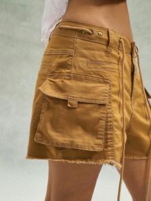 Bohemela Y2K 复古做旧工装口袋休闲短裤，女士款，夏季假日 - 棕色 - 查看 6