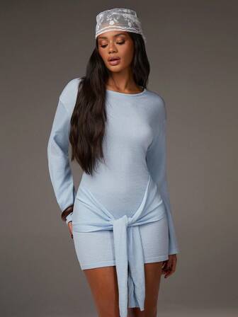 Athîral 女士纯色圆领长袖腰部系带针织毛衣连衣裙，秋冬款