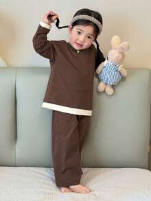 DAZY 2pcs Baby Girls' Comfortable Round Neck 2 In 1 T-Shirt And Leggings Pajama Set Toddler Girls Clothes - Brown - View 11