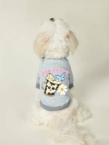 PETSIN 1 Pc Cute Milk Tea Cup Flower Butterfly Letter Printed Pet Gray Autumn And Winter Thick Warm Casual Pet Clothing - Light Grey - View 5