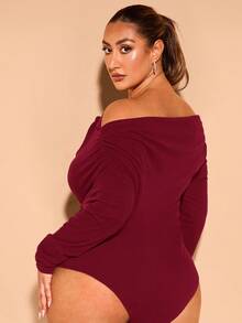 SHEIN BAE 加大码秋季黑色露肩不对称天鹅绒罗纹褶皱长袖连体衣优雅性感，适合约会和外出，适合冬季 - 酒紅色 - 查看 2