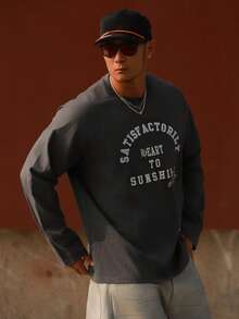 DAZY 男士春季刺绣字母印花圆领T恤，深灰色 - 灰色 - 查看 5