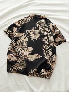 AXEPEAK Men's Woven Fashionable Casual Beach Surfing Holiday Leaf Pattern Slim Fit Short Sleeve Shirt - Black - View 2