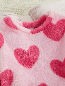 女童可爱爱心图案加厚法兰绒睡衣套装，包含长袖上衣和裤子，粉色和红色，毛茸茸的爱心睡衣套装，适合秋冬季节穿着，秋季服装 - 粉色 - 查看 4