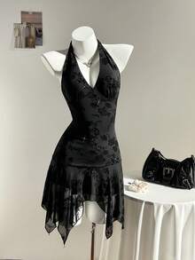 Elamini Đầm nữ in hoa, vạt bất đối xứng, xếp nếp, cổ yếm - màu đen - Xem 2