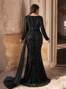 Große Größen elegantes luxuriöses schwarzes Pailletten- & Satin-Patchwork-Kleid mit tiefem V-Ausschnitt, geraffter Passform und Fischschwanzsaum, geeignet für Abendpartys, Dates, Bälle, Urlaub, Hochzeiten, formelle Anlässe (stark verziert), Valentinstag - Schwarz - Übersicht 6