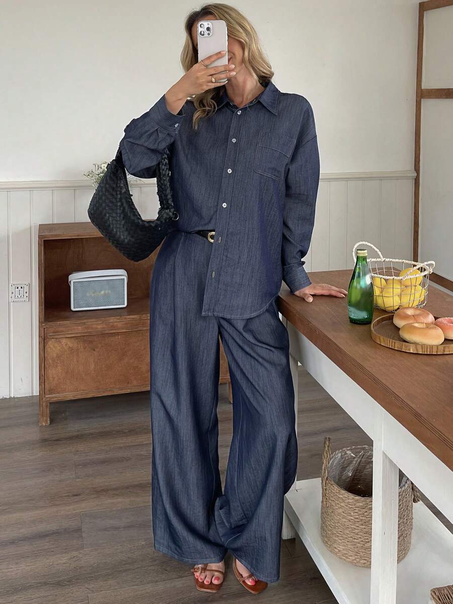 Vivie Lora Set de 2 piese pentru femei, casual, cu umerii căzuți, cu mânecă lungă și pantaloni largi, primăvară/toamnă - Albastru - Vizualizare 1