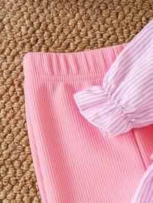 Souflis Souflis Spring Baby Girl Pink Round Neck Long Flare Sleeve Top And Long Pants Set With Plant Pattern And Ruffles - Pink - View 8