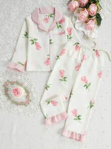 SHEIN 两件套碎花印花女童长袖开衫和长裤套装，休闲舒适家居服 - 彩色 - 查看 6
