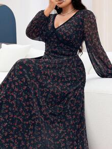 Modelyn Plus Size Women V-Neck Floral Print Lace Patchwork Elegant Waist Cinched Party Lantern Sleeve Dress - Navy Blue - View 4