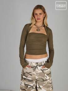 COUREZ Top bandeau con bolero de manga larga / Conjuntos de verano para mujer Tops de verano Y2K Ropa de verano Casual Vintage - Verde militar - Ver 1