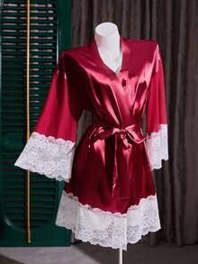 SilkySpell Bata corta de encaje y malla con diseño de parches para mujer para el Día de San Valentín - Burdeos - Ver 7