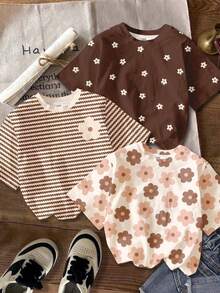 3pcs/Set Cream White, Brown Stripe, Brown Floral Print Crew Neck Short Sleeve Basic T-Shirts For Tween Girls, Casual, Comfortable, Versatile For Daily, Home, Vacation Wear