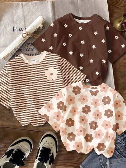 3pcs/Set Cream White, Brown Stripe, Brown Floral Print Crew Neck Short Sleeve Basic T-Shirts For Tween Girls, Casual, Comfortable, Versatile For Daily, Home, Vacation Wear
