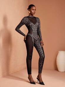JIAN LASALA Turtleneck Leopard Print Transparent Mesh Block Long Sleeves Sexy Fitted Bodysuit Women Winter - Black - View 3