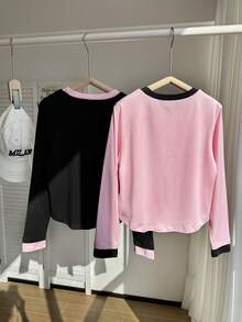 2 pezzi/set Magliette a maniche lunghe con scollo rotondo e stampa a cuori colorblock, per ragazze pre-adolescenti - Multicolore - Visualizzare 2