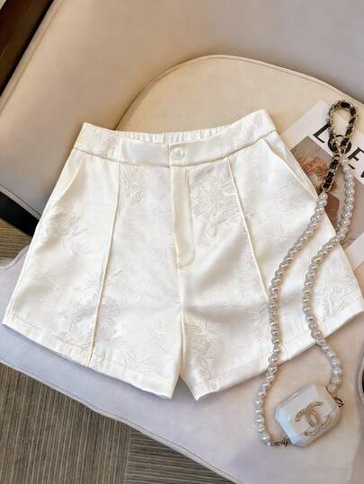 GlowEve CURVE Plus Size Satin Jacquard Button Decorated Elegant Women Shorts, Spring/Summer