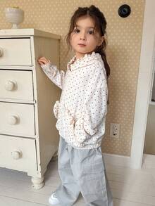 DAZY 女童连帽波点百搭清新荷叶边长袖外套，适合春秋季穿着 - 米色 - 查看 6