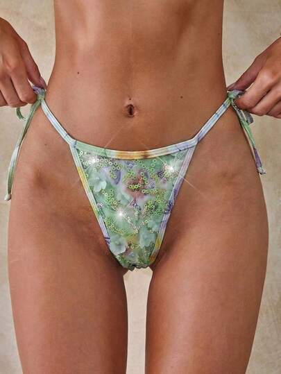 Aloruh Women's 1pc Swimwear Bikini Bottom Green Swimsuit Sequin Bikini Spring/Summer New Floral Print Beaded Embroidered Fabric Luxurious Party Swimwear Bottom, Music Festival Outfit, Resort Wear, Beach Outfit Women's Swimsuit Elegant Women's Beach Swimsuit Women's Swimwear Swimwear For Women Swimsuit For Women Swimming Costume Women Women's Bikini