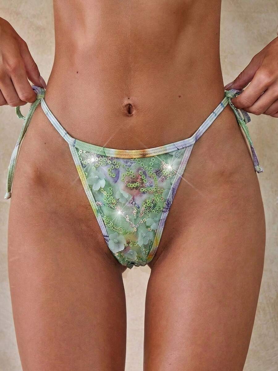 Aloruh 女士连体泳衣比基尼下装绿色亮片比基尼春夏新款花卉印花串珠刺绣面料奢华派对泳装下装，适合音乐节、度假、海滩等场合。优雅女士沙滩泳衣，女士泳装，女士泳衣，女士泳装，女士比基尼