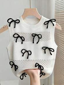 Franclia Nouvelle arrivée Minimaliste Doux Style Coréen Féminin Nœud Papillon Laçage Ballet Tricot Débardeur Pour Femmes, Printemps/Automne - Noir et Blanc - Voir 3