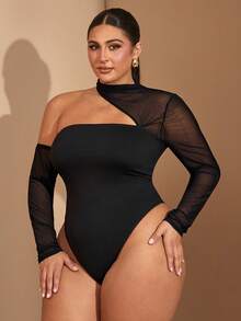 SHEIN BAE Plus Size Women Black Mesh Contrast Asymmetric Bodysuits, Strapless Bodysuits, Women Bodysuit & Concert Women Outfit & Festival Outfits Summer Tops, For Winter - Black - View 9