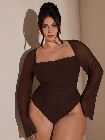 SHEIN BAE Plus Size Women Mesh Floral Print Ruffle Flare Sleeve Bodysuit,Formal Dresses For Women,Wedding Guest Bodysuit Women,Bodysuit Plus Size Woman,Bodysuit  Casual,New Years Outfit Women,Plus Size Woman Bodysuit,Christmas Outfit Women,Bodysuit  Casual,Gown For Women Elegant,Birthday Bodysuit ,Sexy,Wedding,Thanksgiving,Purple Top