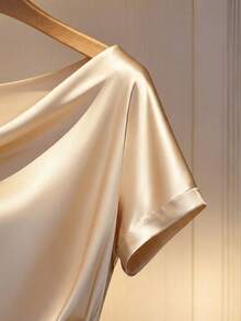 Franclia Women's Elegant Champagne Satin Blouse With Faux Pearl Collar,Short-Sleeved Solid Color Top For Summer,Dining,Party & Valentine's Day,White Gold - Apricot - View 4