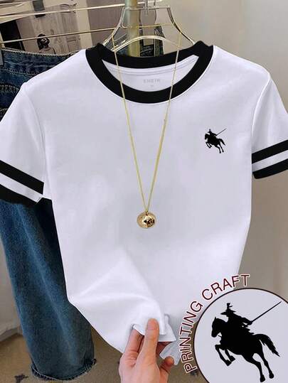 Franclia Camiseta de manga corta de estilo deportivo casual y de uso diario para mujer, con estampado de rayas de contraste y de motocicleta, para verano