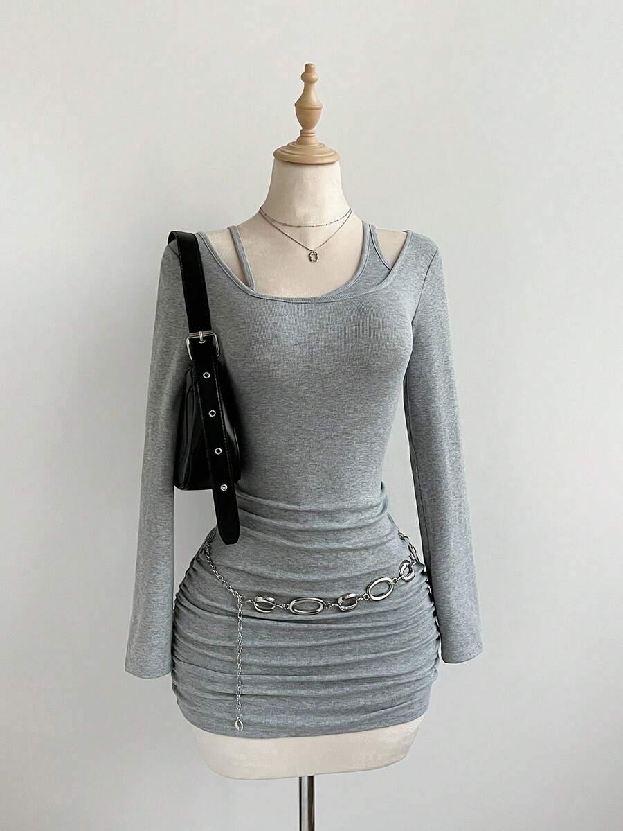 Elamini 女士休闲褶皱修身腰部不对称领口二合一连衣裙