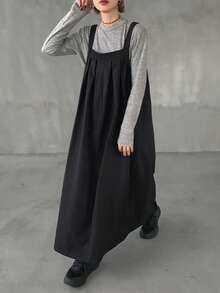 FRIFUL Women's Pleated Solid Color Maxi Pinafore Dress Sundress - Black - View 2