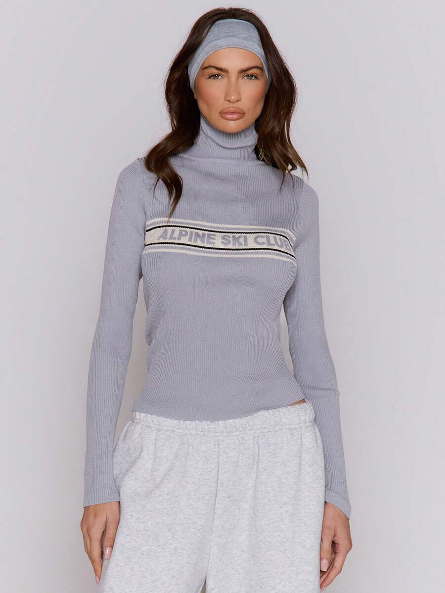 MUSERA 高领“滑雪俱乐部”针织条纹修身套头衫，适合秋季、冬季、滑雪假期、圣诞节、休闲假日、新年、感恩节等场合穿着。 - 灰色 - 查看 1