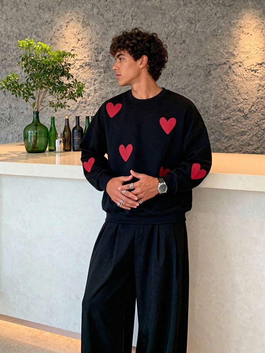 Manfinity VCAY Men's Casual Pullover Sweatshirt, Round Neck, Whole Garment Screen Printing Pattern, Autumn/Winter - Black - View 1