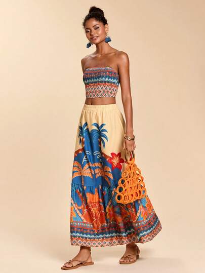 Travachic 女士热带印花抹胸上衣和迷你裙两件套，海滩度假