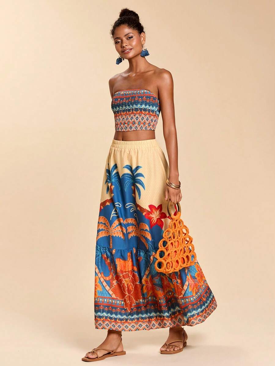 Travachic Women's Tropical Print Bandeau Top & Mini Skirt 2 Pieces Set, Beach Holiday - Multicolor - View 1