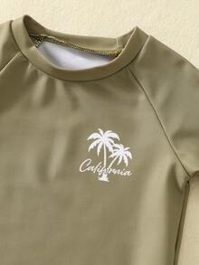 SHEIN Bubblio 2件套男婴夏季休闲度假绿色长袖泳衣和条纹泳裤套装，适合海滩、泳池、水疗中心穿着。 - 彩色 - 查看 5