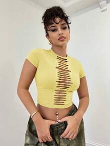 SHEIN BAE 纯色做旧镂空复古风紧身卡其色上衣，适合音乐节、演唱会、日常休闲穿着 - 黃色 - 查看 3