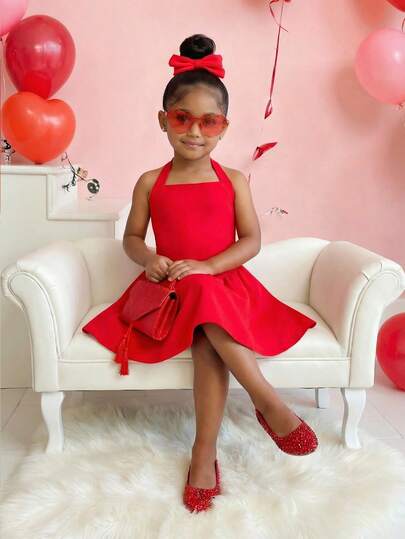 Young Girls Red Strapless Sleeveless Cinched Waist Dress, Versatile For Holidays, Casual Wear, And Daily Use, Fashionable And Cute