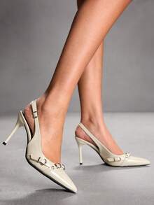 CUCCOO SZL 女士尖头搭扣设计日常通勤时尚高跟鞋 - 米色 - 查看 9