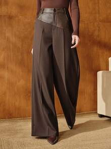 Anewsta 时尚皮革拼接阔腿裤，高腰显瘦设计，秋季款