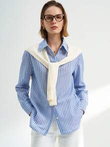 Airaco 女式条纹长袖单排扣休闲/工作衬衫 - 藍色 - 查看 4