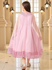 Tween Girl Elegant Mesh Patchwork Beaded Midi Dress,Kids - Baby Pink - View 5