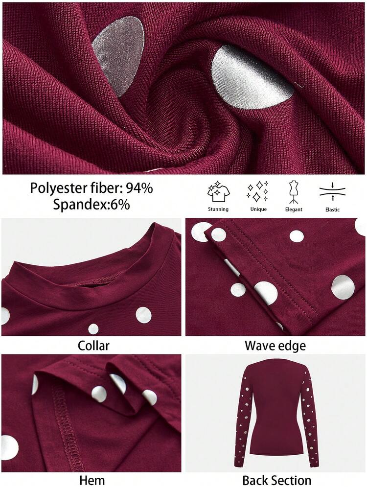 SHEIN Maija Women's Polka Dot Pattern Round Neck Long Sleeve Fitted Fashion T-Shirt Party Top Red Tops For Women New Year Glitter Top Red Tops For Women Polka Dot Top New Year's For Women Casual Women Polka Dot Party New Year's Eve Polka Dots Top Red Tops Burgundy Top Valentine For Women