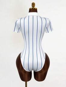 Mistrie 女士休闲时尚街头风条纹字母印花V领连体衣，夏季 - 白色 - 查看 2