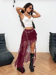 Coolane Women's Spring/Summer Concert Streetwear Vacation Party Boho Y2K Country Concert Lace Asymmetrical Ruffle Fringe Red Low Rise Long Skirt, Valentine's Day - Burgundy - View 6