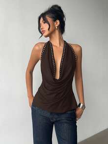 Aloruh Áo croptop hở lưng cổ yếm đính hạt thời trang gợi cảm, thích hợp cho mùa hè. - Màu nâu Sô-cô-la - Xem 8